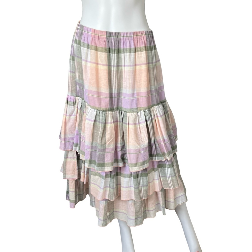 Vintage Tiered Midi Skirt Pastel Plaid Colorful Girly Fun Womens Size Large